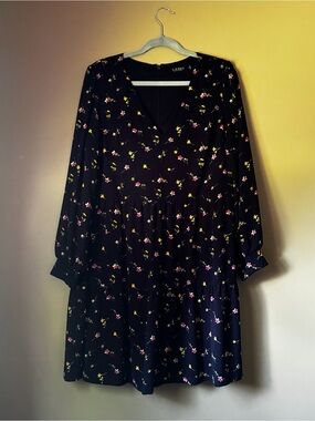 Ralph Lauren Navy Floral V-Neck Long Sleeve Dress